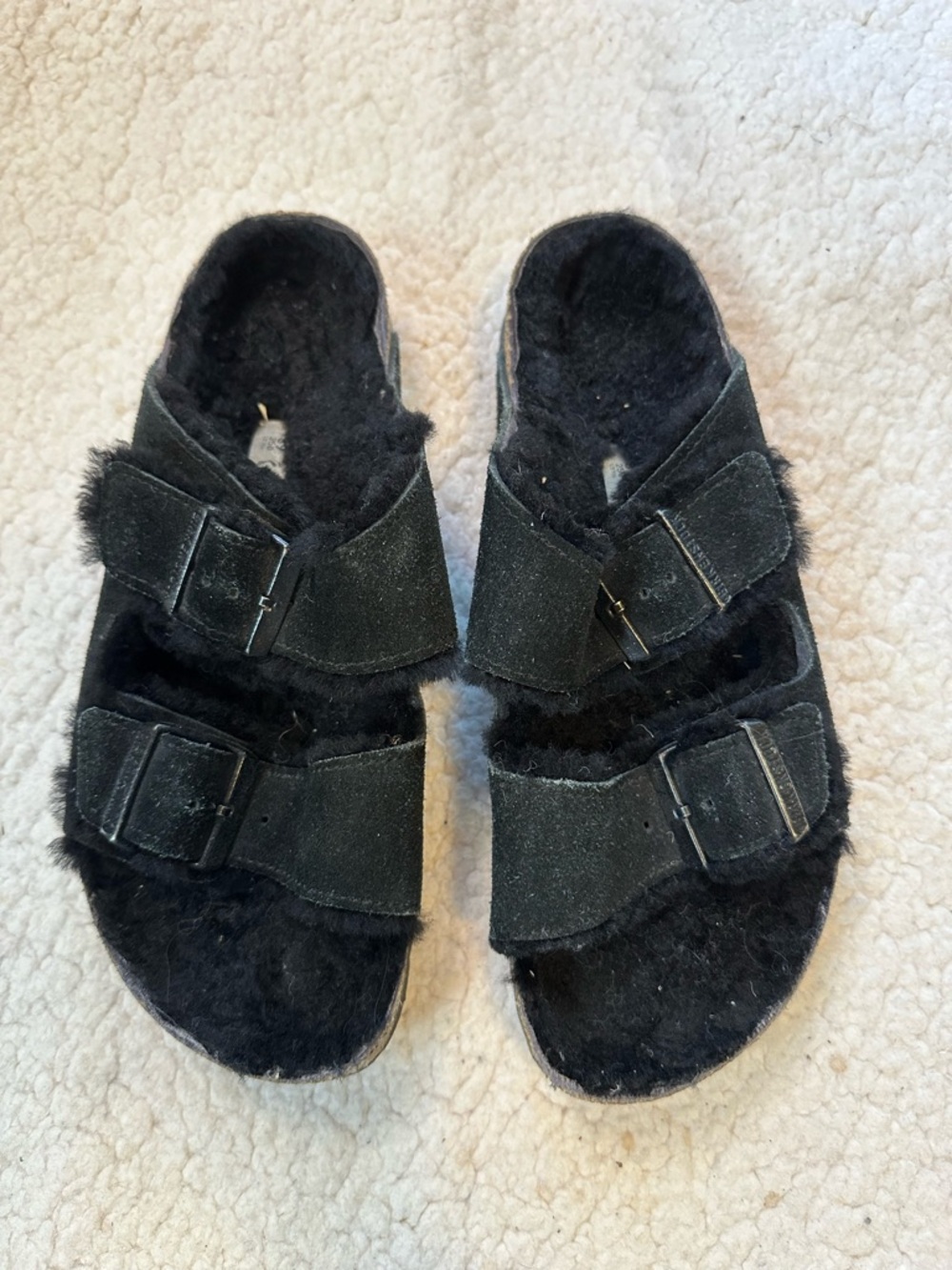 Birkenstock Arizona Shearling Black Sandals Suede Leather Buckle EU 39 Size 8